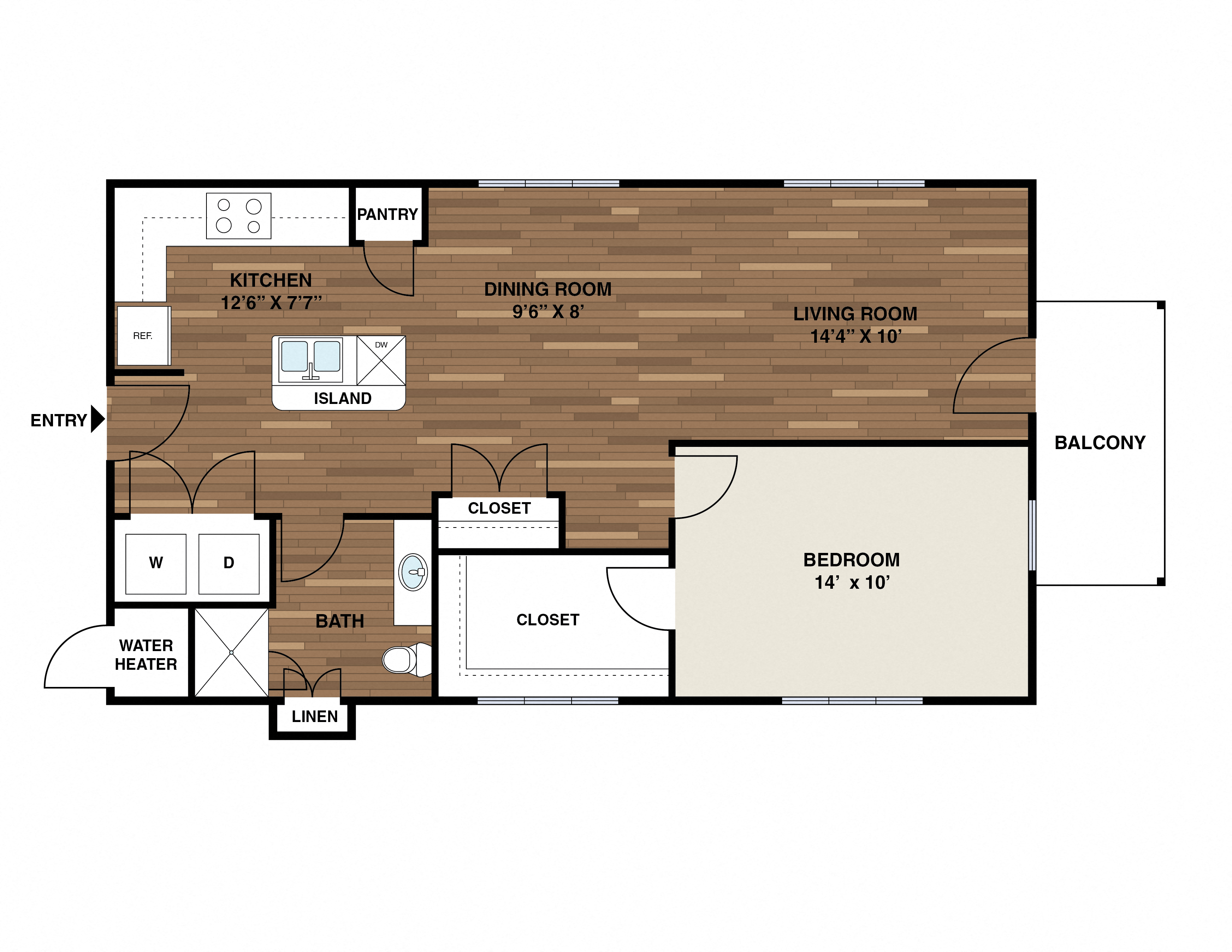 Floor plan for 1 bed, 1 bath, 738 sqft